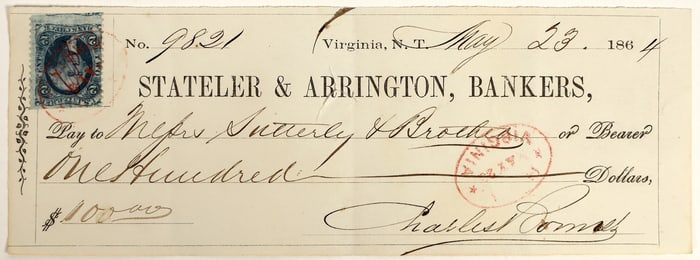 Virginia City, Nevada Territory Check Issued to Photo Studio Sutterley & Bro. [198889]