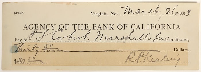 Virginia City, Nevada Check Issued to PJ Corbett, US Marshal [199030]