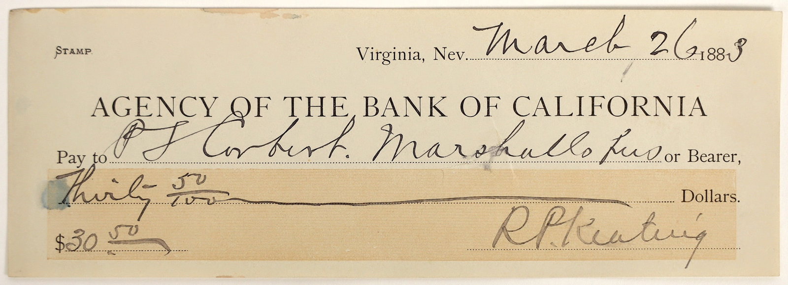 Virginia City, Nevada Check Issued to PJ Corbett, US Marshal [199030] (1 of 1)