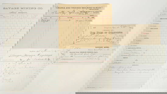 Savage Mine, Virginia City, Nevada Ephemera Group [192905]: Lot of 5 different. The Savage Mine was staked in 1859 by AO and Leonard C. Savage. It was located on middle part of the Comstock Lode between the Hale & Norcross and Gould & Curry mines. The Savage M
