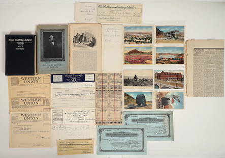 Nevada Mining & Carson City Mint Ephemera [199827]: 20+ items. CARSON CITY MINT: 1894 check signed by TR Hofer who was the supt. of the mint when it produced his last coin. Also photo repro. of Hofer. 1874 Lyon County Times (Silver City, Nevada) newspa