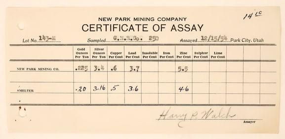 Certificate of Assay, 1954, Park City UT [190924]