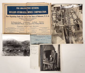 Misc. Mining Ephemera Group [191652]: A collection of six pieces of ephemera related to the U.S. mining industry. The group includes three photographs of mining-related machinery, scenery, and business dealings; one broadsheet advertising