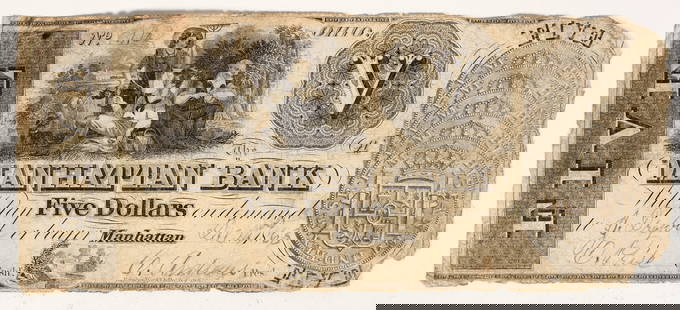 Manhattan Bank Five Dollar Note [198550]: 1863 five dollar note from the Manhattan Bank. VG-F condition with ragged edges. Wonderful vignette of a lady pouring a drink to a resting field hand, while the dog looks on. ^Date: Country (if not US