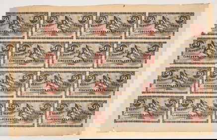 Cuba 1869 Uncut Sheet Cincuenta Centavos Scrip Notes [199212]