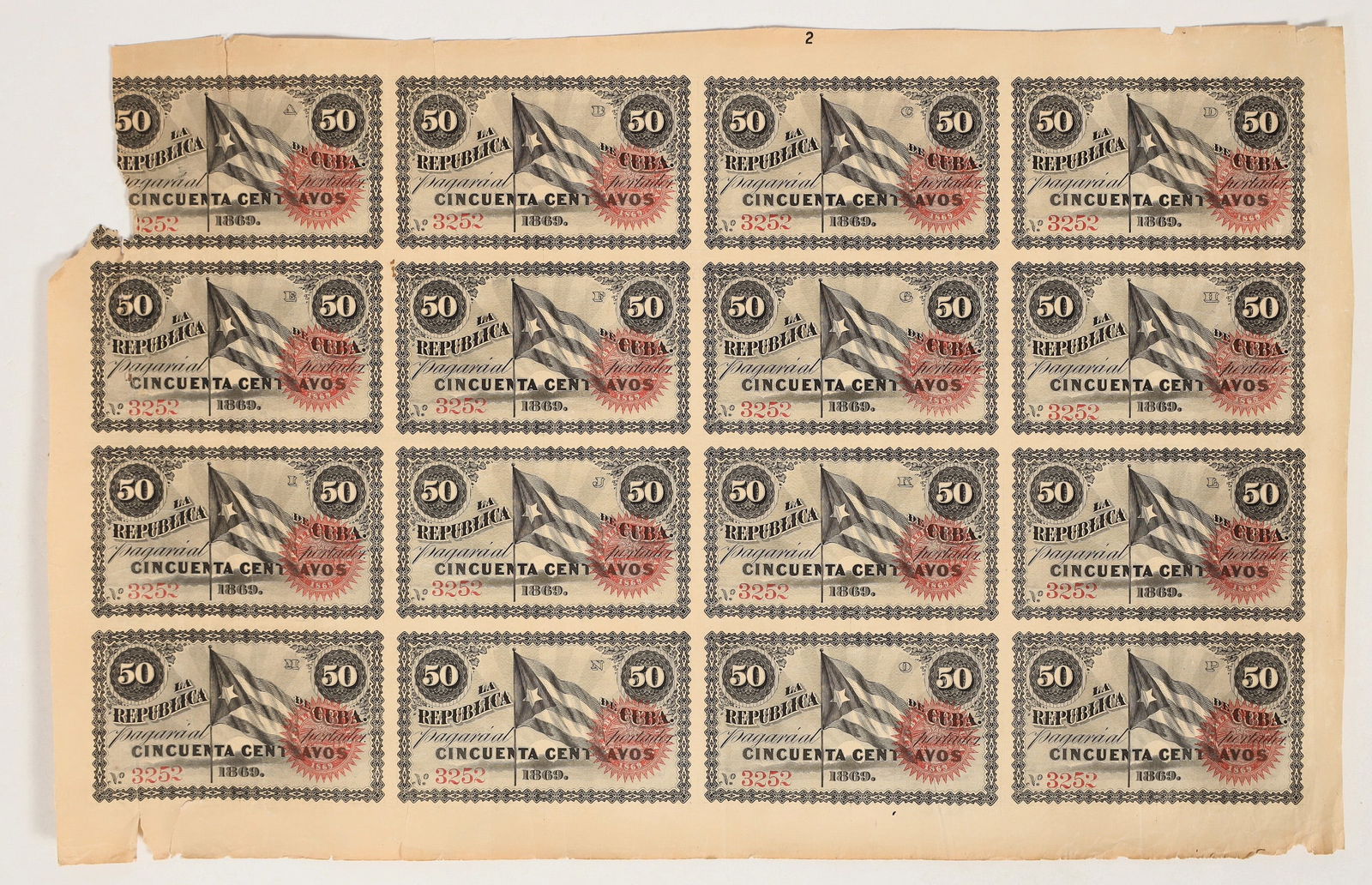 Cuba 1869 Uncut Sheet Cincuenta Centavos Scrip Notes [199212] (1 of 1)