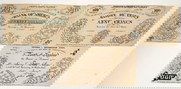 Banque Universelle Notes (3) [198839]: An early attempt at the Euro! 1870 & 1874 session in France created these three 20 ECUS notes proposing an international currency to be used throughout "L'Union" consisting of France, England, Russia,