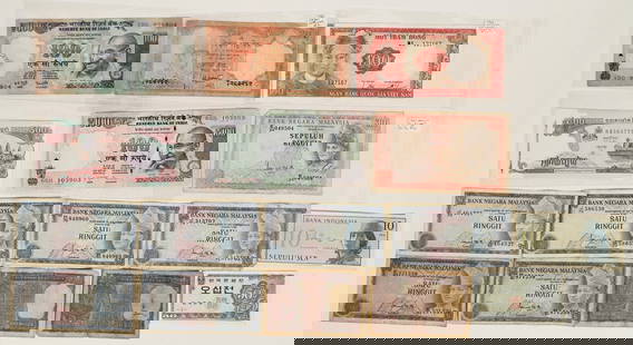 India to Asia Currency (22 pieces) [199985]: Twenty two pieces of Asian currency: Cambodia (7); India (4); Indonesia; Vietnam; Nepal; Korea; Malaysia (7).^Date: Country (if not USA): IndiaState: City: Provenance:
