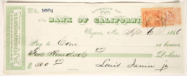 Virginia City, Nevada Mining Check for Coin Collectors [199036]: Great Bank of California Gould & Curry check issued for "coin". Signed by supt. Louis Janin Jr. NV and US IR adhesive stamps with tied cancel. Pre-Carson City Mint opening.^Date: 1866Country (if not U