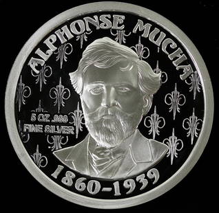 Alphonse Mucha Five Ounce Silver Round [198757]: Alphonse Mucha (1860-1939) was a Czech painter, illustrator and graphic artist. In Paris during the Art Nouveau period, his stylized art became the best known images of the period. An example of his a