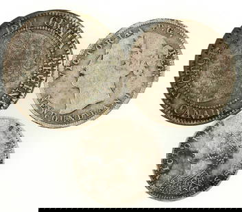 Coins of Queen Victoria (3) [198607]: Three coins: 1) 1859 Canada one cent; 2) 1885 twenty cents Newfoundland; 3) 1894 1/4 rupee India.^Date: Country (if not USA): CanadaState: City: Provenance:
