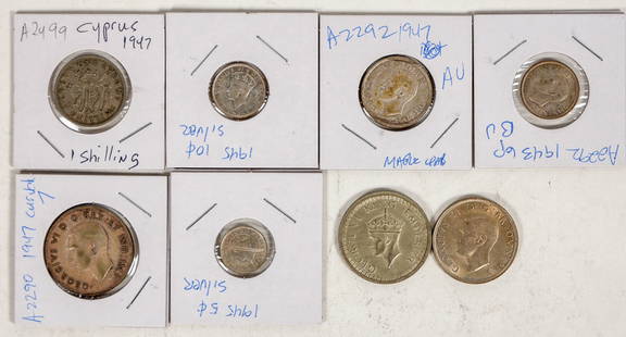 Coins of George VI (8) [198609]: Eight coins of George VI: 1) 1945 Newfoundland five cents; 2) 1943 two shilling UK; 3) 1945 India one rupee; 4) 1947 Canada 25 cents; 5) 1943 six pence UK; 6) 1947 Canada 50 cents; 7) 1947 Cyprus one