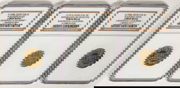 NGC Graded Bakersfield Tokens (3) [197123]: Three uncirculated NGC graded tokens from Kern County: 1) MOORE & HOLLEN / NOVELTIES / BAKERSFIELD / CALIF. / L.A. RUB. STP. CO. // 10¢; Al., rd., 18 mm; MS 64. 2 & 3) SOUTHERN / HOTEL / W.F. RAU / P