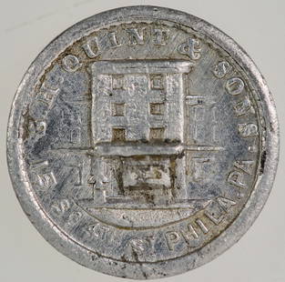 S. H. Quint & Sons Diesinker Token [198351]: Mini diesinkers token (11 mm): S. H. Quint & Sons / 15 So. 4th St. Phila. PA // Mfrs of / Medals / Stencils / Rubber / & Steel / Stamps / Pattern / Letters /& c.; Al., rd., 11 mm.^Date: Country (if no