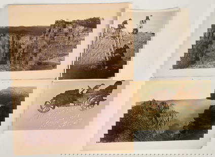 Arizona Photographs & Postcard [197564]: Lot of 4. 1 and 2) Two different cabinet cards of the Grand Canyon by Erwin Baer, Photographer in Prescott. c.late 1880s-1890s. These are not your typical Grand Canyon views. One has a few scuffs and