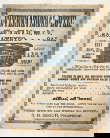 International Hotel Sacramento Advertising Broadside on Cloth, c.1880s [197579]