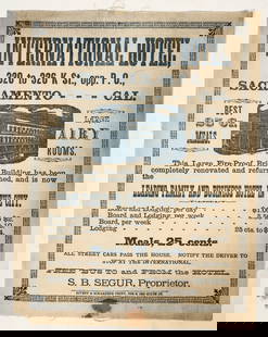 International Hotel Sacramento Advertising Broadside on Cloth, c.1880s [197579]: Very attractive pictorial advertising broadside for the International Hotel in Sacramento at 320 to 326 K St. The "Leading Family and Business Hotel in the City." S.B. Segur, Proprietor. Blue print on