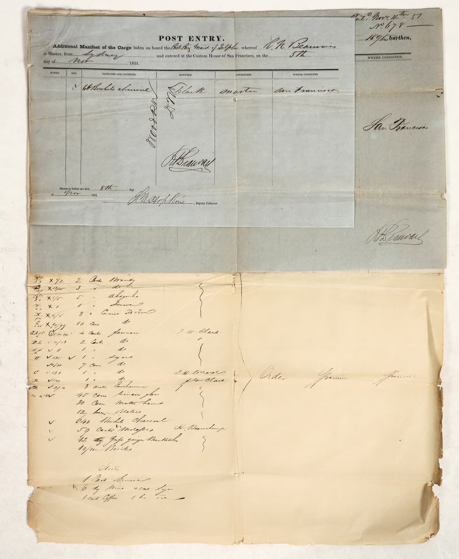 San Francisco Gold Rush-Era Shipping Manifest for Wines & Spirits, Sydney [197792]: Very rare. Three documents attached to each other. The shipping manifest for Brit. Brig. "Maid of Zulpha" arriving to San Francisco from Sydney, November 1851. Ship was 189 tons, built in Calcutta. (W