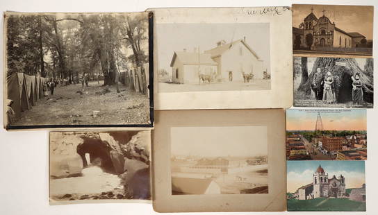 Central Coastal California Photographs & Postcards (Santa Cruz, Monterey, Hollister) [197627]: Lot of 9. Includes: 5 postcards (Main Street, Watsonville; Big Trees, Santa Cruz; Carmel Mission, Monterey; Santa Clara Street, San Jose; and San Carlos Mission, Monterey); 5 x 7" coast photo, Montere