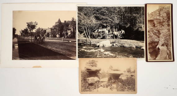 Early Colorado Photograph Group (4) [197621]: Lot of 4 different. 1) Cabinet card, Garden of the Gods, Hook Photo. 2) Narrows, Williams Canyon, Colorado. 8 x 4" No photographer listed. 3) Carriage on Sherman Avenue, Denver. 3823. WH Jackson. 7 x