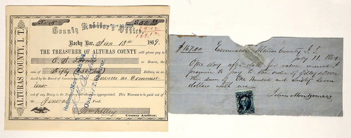 Two Alturas County, Idaho Territory Fiscal Documents with Gold Rush Names [200458]