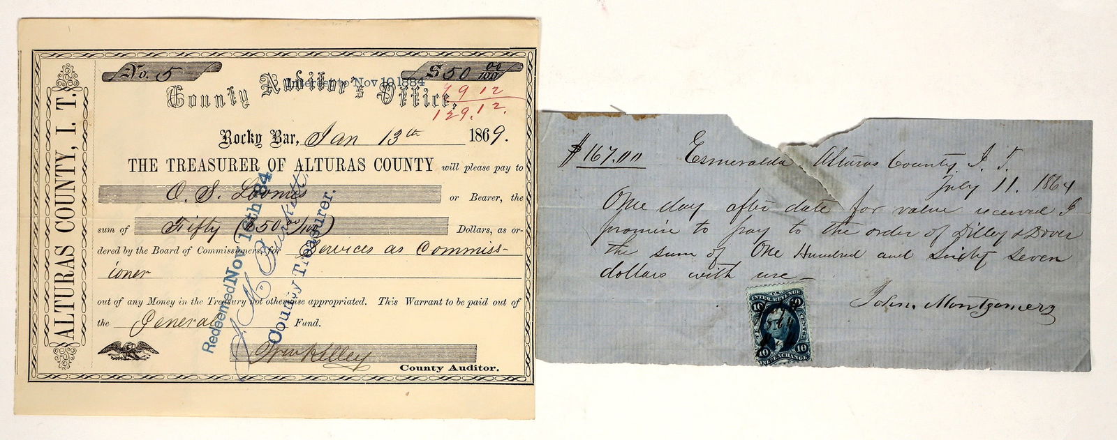 Two Alturas County, Idaho Territory Fiscal Documents with Gold Rush Names [200458] (1 of 1)