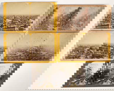 Chicago Stereoviews (5 Different) [197625]: Lot of 5 different. 1-3) Three 1873 birds-eye views, pre-fire, looking West, East, and North East. All by Lovejoy & Foster. 4 and 5) Two c.1900-1910 views, Randolph Street (Pan American Publishing Co.