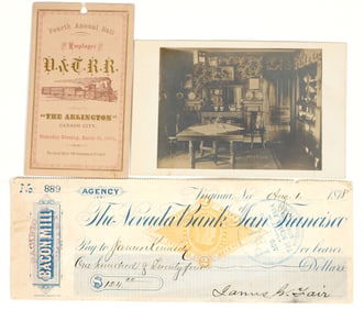 Comstock Trio: James Fair Revenue Check, RPPC, and V&T Railroad Ball Invitation [197610]