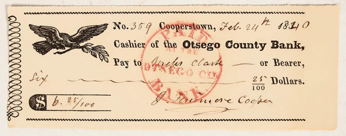 New York Check Signed by Last of the Mohicans Author James Fenimore Cooper [199755]