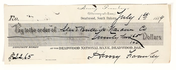 Star & Bullock Hardware Company Check, Deadwood, 1889 [199157]
