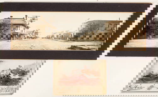 South Dakota Street Scene Panorama RPPC and North Dakota Railroad Photo [197713]: Lot of 2 Dakotas pictures. 1) A c.1890s small photo of a Northern Pacific locomotive snow plow. Photo by Osborn of Dickinson, North Dakota. Pencil writing on reverse. 3 x 4" 2) Matted panoramic real p