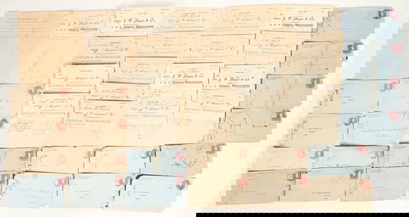 Rawlins, Wyoming Mercantile House Billheads & Covers [199555]: Lot of 40: twenty billheads from JW Hugus & Co., wholesale & retail dealers in general merchandise, Rawlins, WY, 1901-04, and twenty corner ad covers for the same business. All sent/issued to Robert M