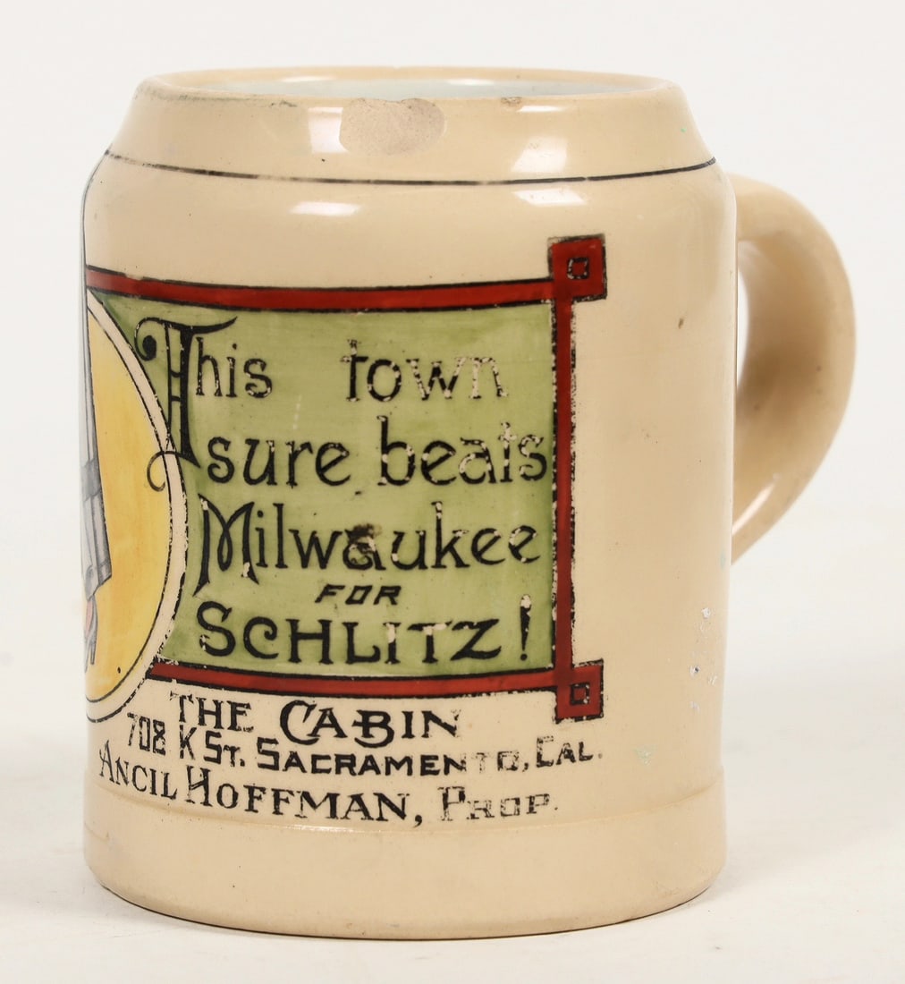 Ancil Hoffman Beer Mug [197543]: Proprietor Ancil Hoffman operated The Cabin at 708 K St. Sacramento, California. "This town sure beats Milwaukee for Schlitz!" says the motto, with a naughty picture of a lady's slit skirt on the left