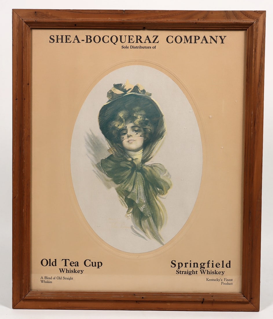 Springfield Straight Whiskey Advertisement [194679]: A mounted and framed advertisement for Old Tea Cup and Springfield Straight Whiskeys. It's a Gibson Girl type image and measures 18"x 22" and is in near new condition. Please see photos for more detai