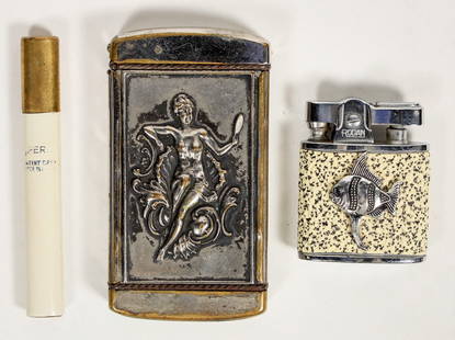 Collectible Lighters [198440]: Lot of 3. Pan Pac Expo match carrier, Rodan lighter w/fish emblem. Lighter that looks like a cigarette.Not tested. ^Date: Country (if not USA): State: City: Provenance: