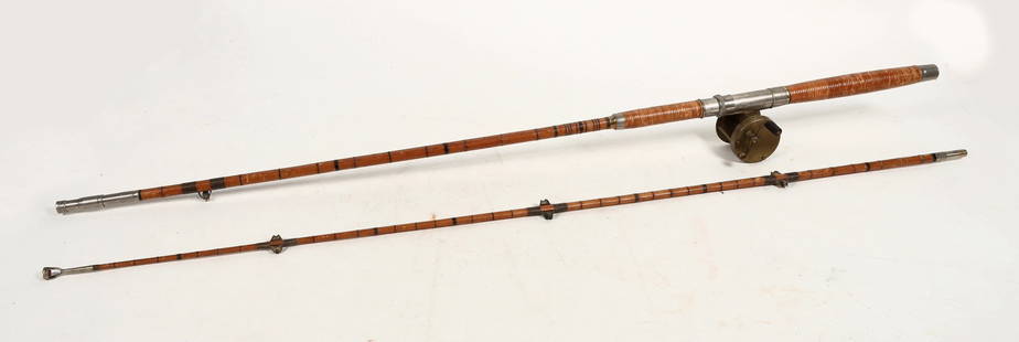 Two-Hand Split Bamboo Salmon Rod 2 pc. c.1870's [197253]: This is a two piece Atlantic Salmon Spey rod made in the 1870's. Assembled at about 8 ft. with a brass reel 2:1 wind ratio in working order. Bamboo construction with ruby eyelets, two eyelets per stat
