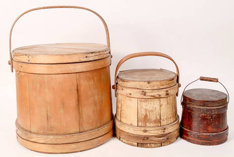 Shaker Firkins / Buckets 1800s [173638]: Shaker firkins, or buckets (3). These were constructed by the Shakers, The United Society of Believers in Christ's Second Appearing, commonly known as the Shakers, was a Protestant sect founded in Eng