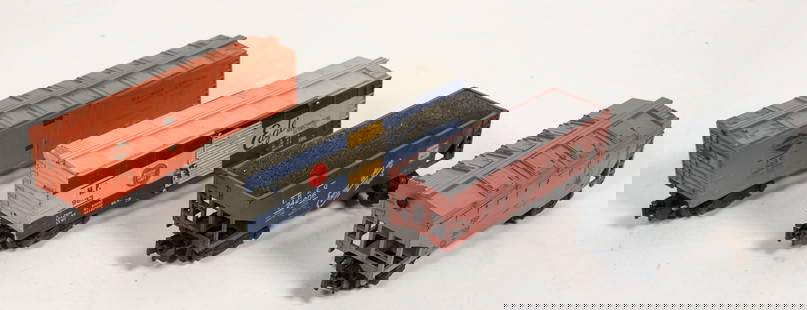 American Flyer Rolling Stock  (4) [183892]: Lot of 4. C7-8. cond. 983 Missouri Pacific Lines "Eagle Merchandise" Box Car, Illinois Central 923 Box Car , CB&Q 24206 "Every where West" coal car, CRP 924 "Jersey Central Lines" cement bottom dump.