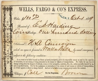Wells Fargo Receipt For Coin Shipment, Salem, OR [183912]