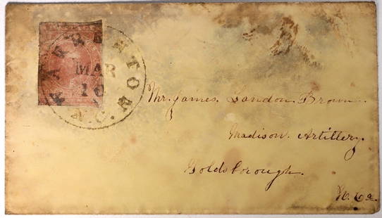 Confederate # 5 on Cover [184767]: Confederate #5 with large North Carolina tied cancel. Addressed to Mr. James Landon Brown/Madison Artillery/Goldsborough N C. Cover and stamp are both soiled, please inspect.^Date: Country (if not USA