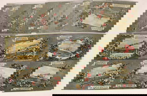 Great White Fleet Postcard Convoy [199693]: A beautiful group of 25 illustrated "Greetings from California" postcards that feature Teddy Roosevelt's "Big Stock", the Great White Fleet. Mostly unused, the cards show illustrations of the ships of