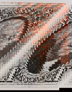 Scott #2, Washington 10c Black Stamp [199730]: Scott #2, black Washington 10c stamp. Red cancelation mark. Uneven cut: wide bottom, tight cut on the upper left. The cuts do not penetrate the border line. Rare. See photo.^Date: Country (if not USA)