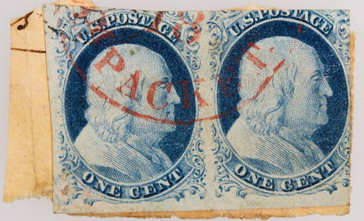 Scott #7, Franklin 1c pair [199738]: Scott #7, blue Franklin 1c stamp pair. Imperfect stamps. Right stamp trimmed into design at top and right edge. Left stamp trimmed into top design. Red "packet" cancelation mark (steamboat). See photo