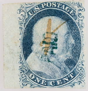 Scott #7, Franklin 1c, Rare "PAID" Mark [199739]: Scott #7 type 2, blue Franklin 1c stamp. Rare blue "paid" cancelation mark at center. Bottom of scroll balls missing. Tight cut at the top and bottom, leaving no margin. See photo.^Date: Country (if n