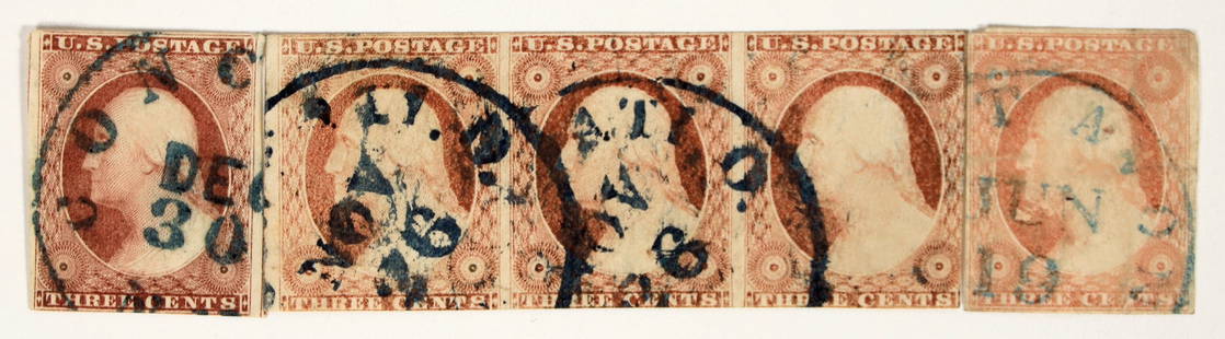 Possible Scott #10, Type 1 (5 stamps) [199737]: Possible Scott #10, type 1. Difficult to determine. Inner frame line weak, blue cancelation mark. 3 attached stamps, with design cut into on the bottom. Dark dull red stamp with tight trim, cut into l
