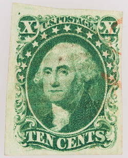 Scott #14, Washington 10c, Centered [199725]: Scott #14, Washington 10c green stamp. Complete lines above "x". Light red cancelation mark. Fairly well centered. See photo.^Date: Country (if not USA): State: City: Provenance: