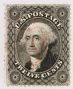 Scott #36, Excellent Washington 12c [199727]: Scott #36, Washington 12c black & white stamp. Excellent, visually appealing clean example. The perforations on these stamps are almost always cut too close, but this one is only slightly over the bot