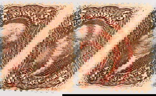 Scott #76, Jefferson 5c - Pair [182177]: Scott #76, Jefferson 5c, red/brown stamp pair. Both stamps are well centered--only one top border is penetrated by perforations. Red bullseye mark stamp is folded on the upper right corner. See photo.