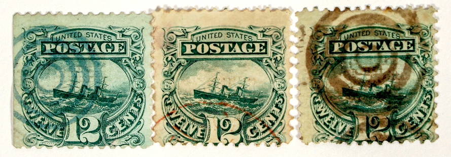 Scott #117, 12c Ship Stamp, (3) [182170]: Scott #117, green 12c ship stamps, 3 different cancel mark colors. Green cancelation mark on the left edge page stamp, red cancelation mark, black cancelation mark. None are well centered. See photo.