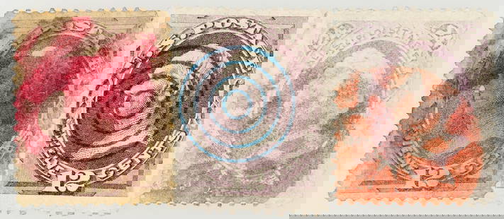 Scott #151 (2) & #153 - (3 stamps) [182163]: Scott #151, 12c stamp pair with different cancelation marks. Blue bullseye cancelation, nice stamp. Purple cancelation mark stamp a little dirty. Scott #153, 24c stamp with light printing, red star fl